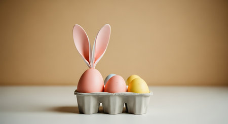 A carton of colorful Easter eggs with bunny ears on a tableの素材