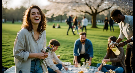 A group of friends enjoy a picnic in a park on a sunny dayの素材