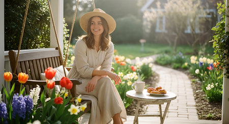 A smiling woman sitting on a porch swing in a beautiful gardenの素材