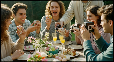A group of friends enjoying a festive Easter dinner outdoors togetherの素材