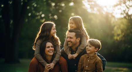 A happy family of four enjoying a sunny day in the park togetherの素材