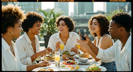 A group of diverse friends enjoying a meal together outdoors in a modern settingの素材