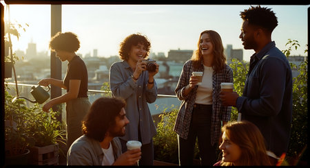 A group of friends enjoying coffee and conversation on a rooftop patio at sunsetの素材