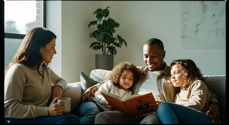A happy family of four reading a book together on the couchの素材
