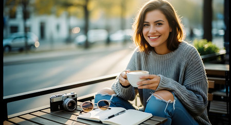 A young woman enjoying a cup of coffee at an outdoor cafe with a camera and notebookの素材