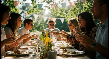 A group of friends enjoying a meal together outdoors in a gardenの素材