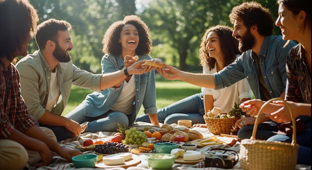 A group of friends enjoying a picnic in a park on a sunny dayの素材