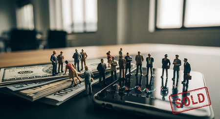 Miniature business people standing on a smartphone and moneyの素材