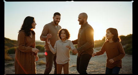 A happy multi-generational family enjoying a beautiful sunset together outdoorsの素材
