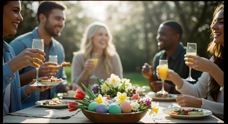 A group of friends enjoying a festive Easter dinner outdoors in a sunny gardenの素材