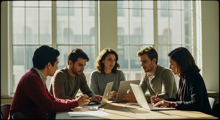 A diverse group of colleagues collaborating on a project in a modern officeの素材