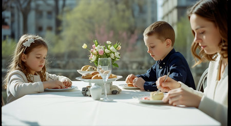 Two children, a boy and a girl, are having breakfast in a cafe.の素材