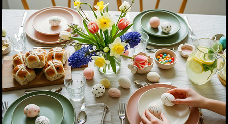 Easter table setting with spring flowers, eggs and crockeryの素材