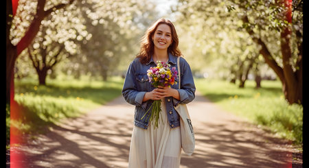 beautiful young woman with a bouquet of flowers in the parkの素材