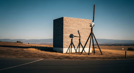 Vintage style image of a windmill in the middle of the desert.の素材