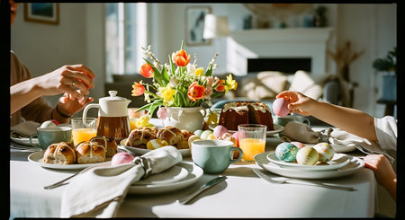 Cropped image of family having breakfast in the living room at homeの素材