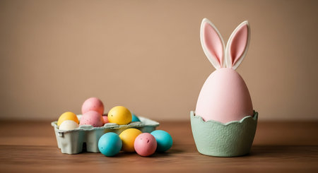 Easter eggs and bunny ears on wooden background. Selective focus.の素材