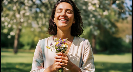 smiling young woman holding bouquet of wildflowers in parkの素材
