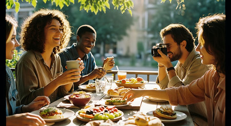 Group of young friends sitting at the table and photographing each otherの素材