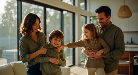 Happy family having fun at home. Mother, father and their children playing together.の素材