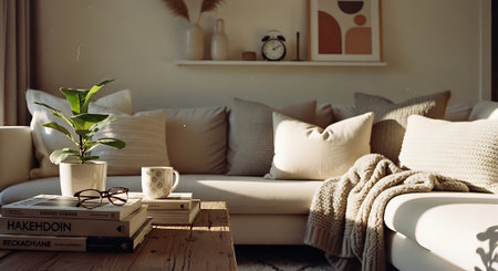 Cozy living room with sofa, coffee cup and plant in vaseの素材