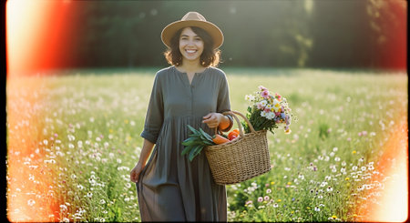 Beautiful young woman with basket of fresh vegetables in the field.の素材
