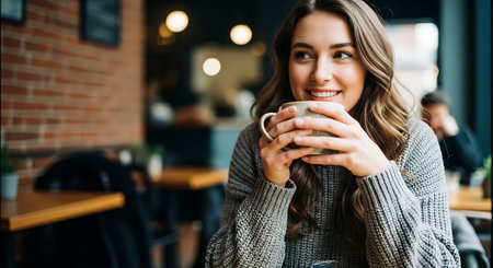 smiling young woman holding cup of coffee and looking away in cafeの素材