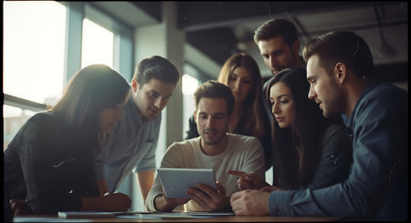 Group of young business people using digital tablet in office. Selective focus.の素材