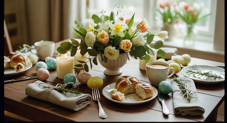 Easter table setting with cup of coffee, croissants and flowersの素材