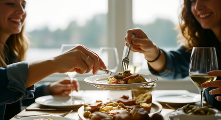 Close-up of friends having dinner together at home. Focus on hands.の素材