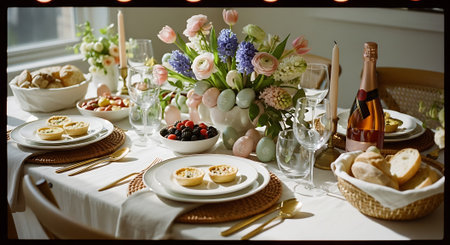Festive table setting with flowers and crockery in vintage styleの素材