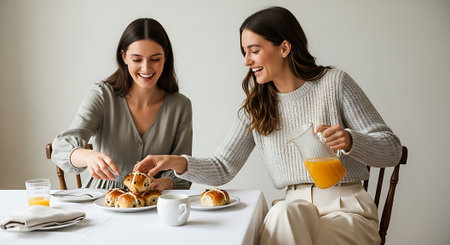 Image of two happy young women friends indoors have breakfast. Looking aside.の素材