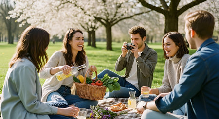 Group of friends having picnic in the park on a sunny spring dayの素材