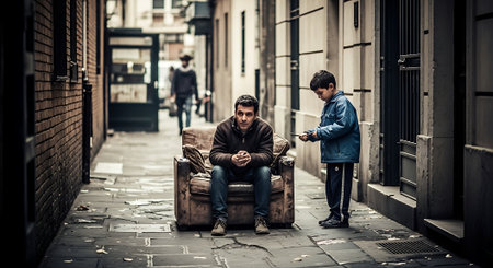 Two homeless beggar men sitting on a suitcase in the street of London.の素材