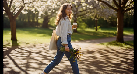 Beautiful young woman walking in the park and holding a cup of coffeeの素材