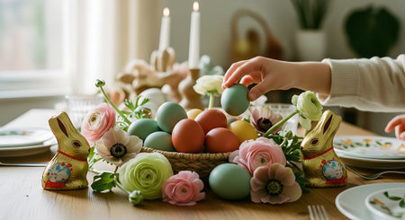 Close up of woman's hands decorating Easter eggs with flowers.の素材