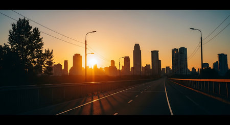 Highway in the city at sunset. Evening view of the cityの素材