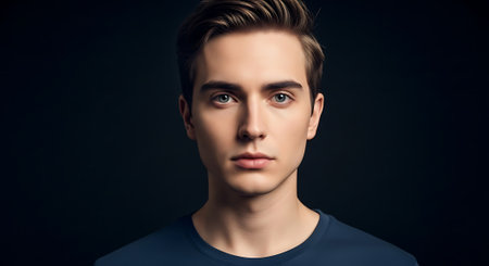 Portrait of a handsome young man on dark background. Men's beauty, fashion.の素材