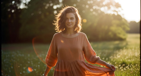 Beautiful young woman in orange dress standing in the meadow at sunsetの素材