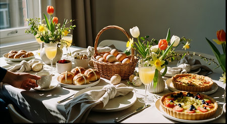 Easter table setting with eggs, croissants and croissantsの素材