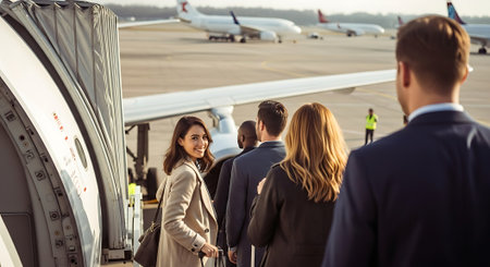 Group of business people waiting in line for flight at the airport.の素材