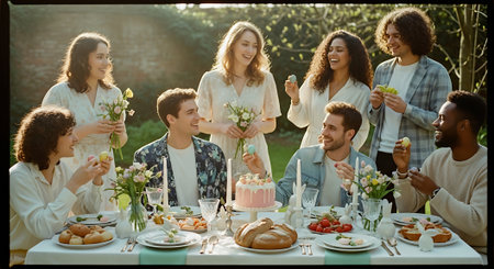 A group of friends enjoying a meal and celebration outdoors in a gardenの素材