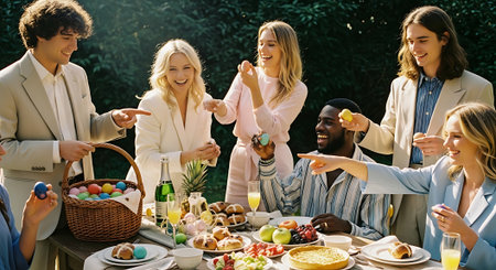 A group of friends enjoying a festive outdoor meal together in natureの素材