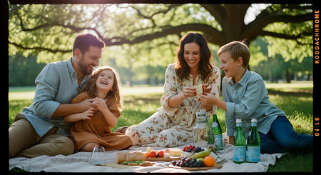 A happy family enjoying a picnic together in a parkの素材