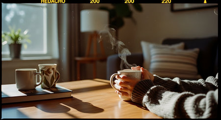 A person enjoying a warm cup of coffee in a cozy living roomの素材