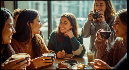 A group of happy young women enjoying coffee and conversation togetherの素材