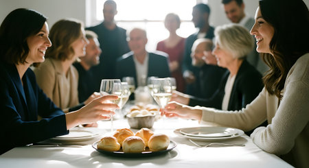 A group of people enjoying a meal and toasting with wine glassesの素材