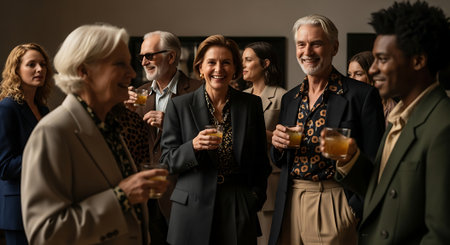 A group of diverse adults socializing and enjoying drinks at a partyの素材