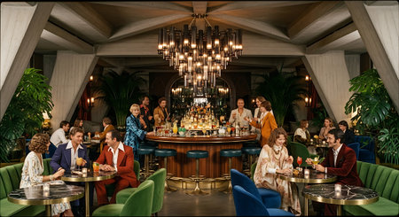 A stylish bar scene with people socializing in a modern loungeの素材