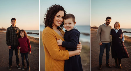 A happy family posing together outdoors during a beautiful sunsetの素材